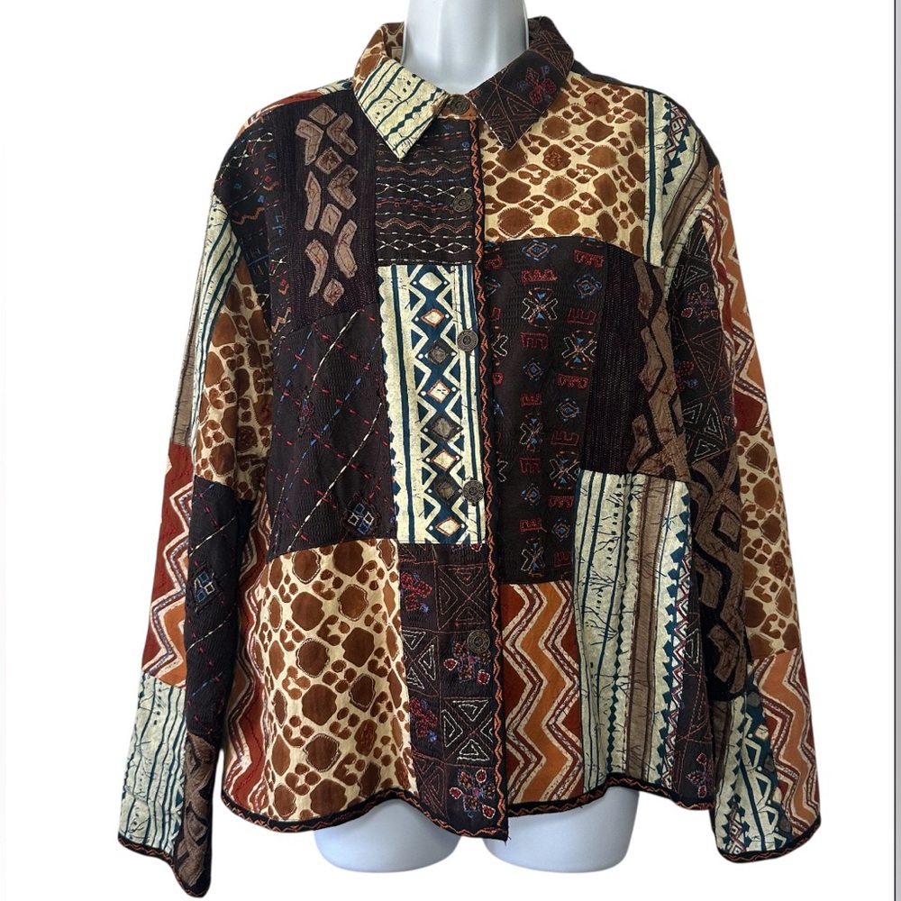 Chico's Women’s Ethnic Tribal Embroidered Patchwork Art-to-Wear Shirt- Size 16